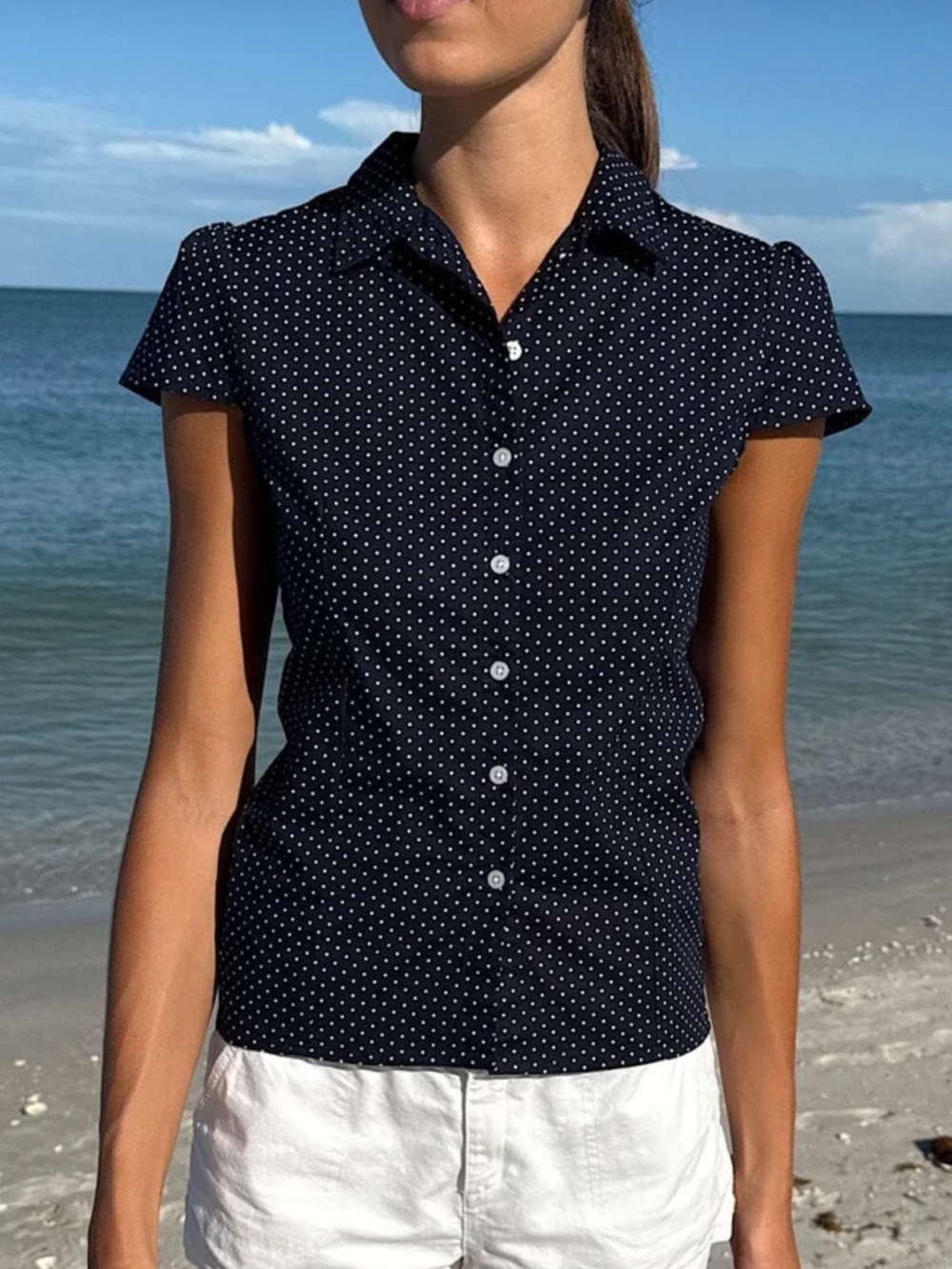 Brandy Melville Navy with White Polka Dot Short Sleeve Button-Down